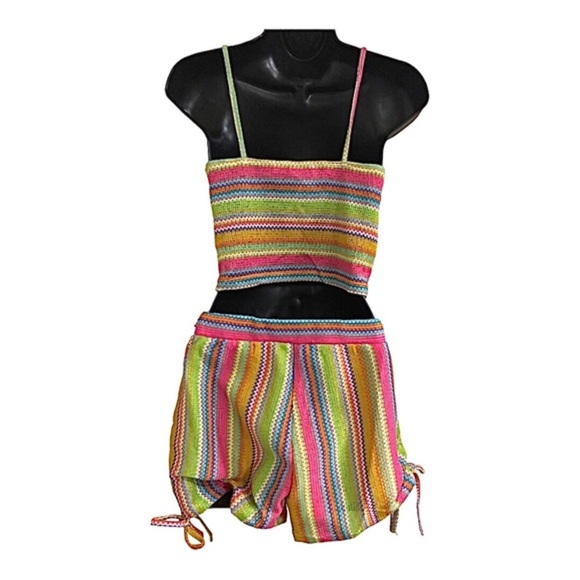 2pc rainbow multicolored crochet mesh look tank top & side tie shorts set size S - Picture 5 of 13